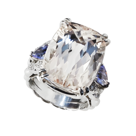 30204 Three Stone Double Flowing Line Kunzite, Tanzanite & Diamond Ring Designed and Handmade by Kaufmann de Suisse in Platinum featuring one Cushion Cut 25.66cts Kunzite,