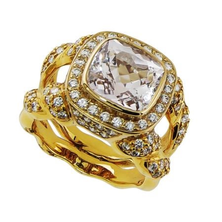 30243 Flowing Lines Tsarina Ring with Kunzite & Diamonds Designed & Handmade by Kaufmann de Suisse in 18kt Yellow Gold featuring one Cushion Cut 5.57cts Kunzite and 108 Round Brilliant Cut GVS Qua