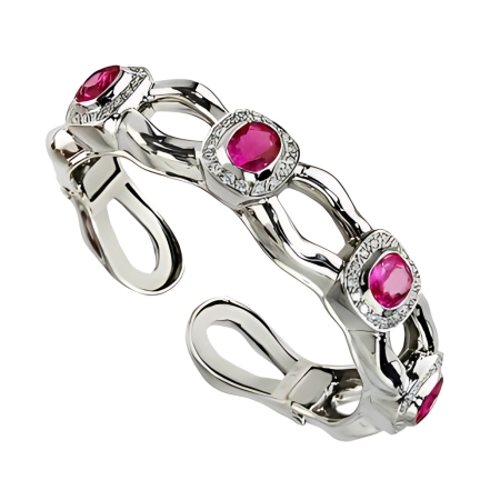 30374 Pink Sapphire & Diamond Tzarina Clip Bangle Bracelet Designed & Handmade by Kaufmann de Suisse in 18kt White Gold featuring 4 Cushion Cut Pink Sapphires weighing a total of 9.13cts and 64 Ro