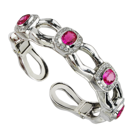 30374 Pink Sapphire & Diamond Tzarina Clip Bangle Bracelet Designed & Handmade by Kaufmann de Suisse in 18kt White Gold featuring 4 Cushion Cut Pink Sapphires weighing a total of 9.13cts and 64 Ro