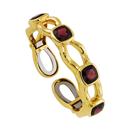 30431 Tsarina Rhodolite & Diamond Clip Bangle Bracelet Designed & Handmade by Kaufmann de Suisse in 18kt Yellow Gold featuring 4 Cushion cut Rhodolite Garnets weighing a total of 11.61cts and 64 R