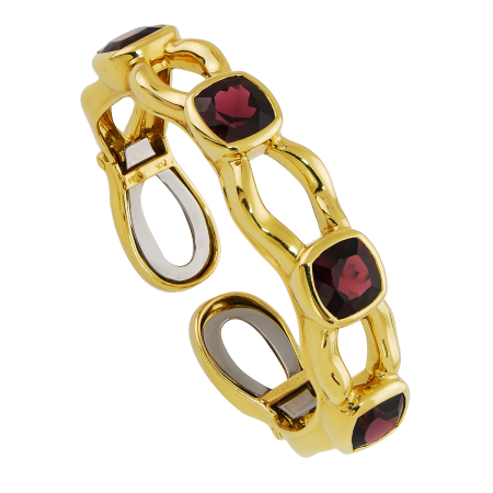 30431 Tsarina Rhodolite & Diamond Clip Bangle Bracelet Designed & Handmade by Kaufmann de Suisse in 18kt Yellow Gold featuring 4 Cushion cut Rhodolite Garnets weighing a total of 11.61cts and 64 R