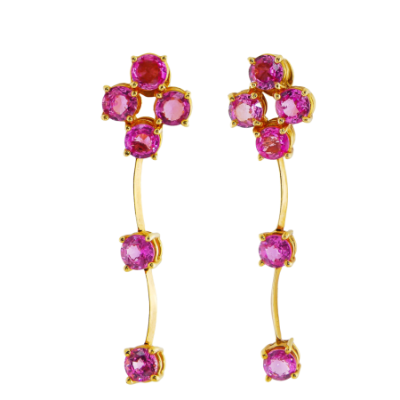 30512 Single Row Cascade Pink Sapphire Drop Earrings, Handmade in 18k Yellow Gold with 12 Round Pink Sapphires Weighing 8.38 Carats