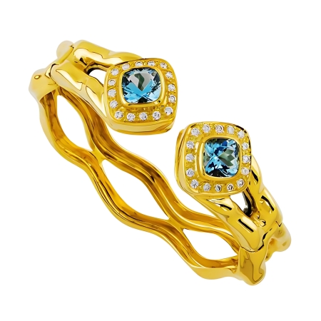 30619 Tsarina Aquamarine & Diamond Clip Bangle Bracelet Designed & Handmade by Kaufmann de Suisse in 18kt Yellow Gold featuring 2 Cushion cut Bezel Set Aquamarines weighing a total of 4.00cts and