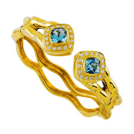 30619 Tsarina Aquamarine & Diamond Clip Bangle Bracelet Designed & Handmade by Kaufmann de Suisse in 18kt Yellow Gold featuring 2 Cushion cut Bezel Set Aquamarines weighing a total of 4.00cts and