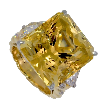 30734A Double Flowing Lines Split Shank Golden Beryl and Diamond Ring Designed & Handmade by Kaufmann de Suisse in 18kt Yellow Gold featuring one Mixed Cut Golden Beryl flanked by 2 Pear Shape GSI