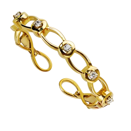 31189 Cascade Diamond Clip Bangle Bracelet Designed & Handmade by Kaufmann de Suisse in 18kt Yellow Gold featuring 5 Round Brilliant Cut GVS Quality Diamonds weighing a total of 0.90cts