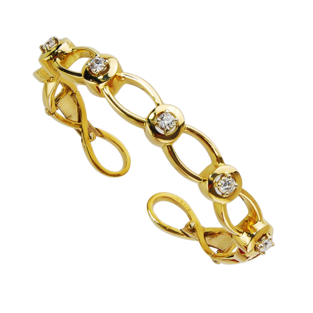 31189 Cascade Diamond Clip Bangle Bracelet Designed & Handmade by Kaufmann de Suisse in 18kt Yellow Gold featuring 5 Round Brilliant Cut GVS Quality Diamonds weighing a total of 0.90cts