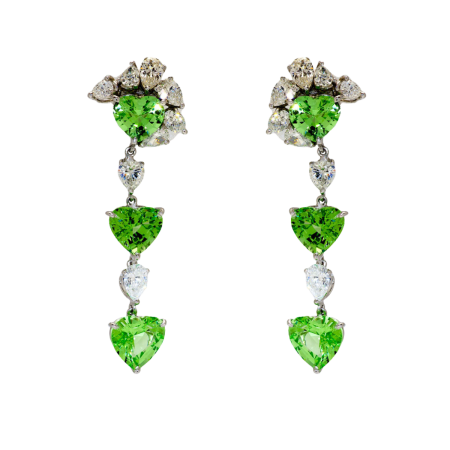 31414 Tsavorite and Diamond Dangle Earrings, Handmade in 18k White Gold with 3 Heart Shaped Tsavorites Weighing 19.00 Carats Total and 16 Diamonds Weighing 4.14 Carats Total (1)