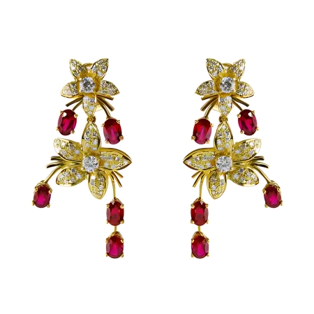 31707 Jasmin de Nuit Ruby & Diamond detacheable Dangle Drop Earrings Designed & Handmade by Kaufmann de Suisse in 18kt Yellow Gold featuring 10 Oval Cut Rubies weighing a total of 6.41cts & 124 Ro