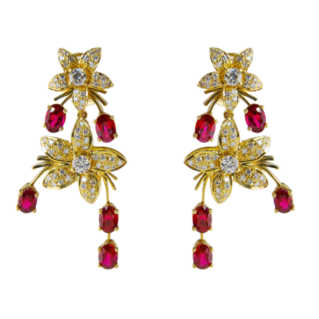 31707 Jasmin de Nuit Ruby & Diamond detacheable Dangle Drop Earrings Designed & Handmade by Kaufmann de Suisse in 18kt Yellow Gold featuring 10 Oval Cut Rubies weighing a total of 6.41cts & 124 Ro