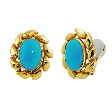 32197 Turquoise and Gold Earrings, Handmade in 18k Yellow Gold with 2 Oval Turquoise Weighing 19.02 Carats Surrounded by a Gold Leaf Design