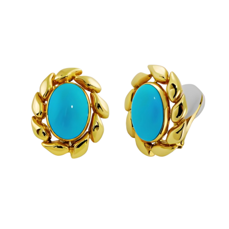 32197 Turquoise and Gold Earrings, Handmade in 18k Yellow Gold with 2 Oval Turquoise Weighing 19.02 Carats Surrounded by a Gold Leaf Design