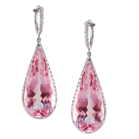 32514 Morganite Teardrops and Diamond Halo Earrings Designed & Handmade by Kaufmann de Suisse in Platinum featuring 2 Pear Shaped Morganites weighing a total of 37.19cts and 101 Round Brilliant Cu