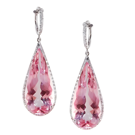32514 Morganite Teardrops and Diamond Halo Earrings Designed & Handmade by Kaufmann de Suisse in Platinum featuring 2 Pear Shaped Morganites weighing a total of 37.19cts and 101 Round Brilliant Cu
