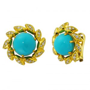 Turquoise and Diamond Leaf Earrings