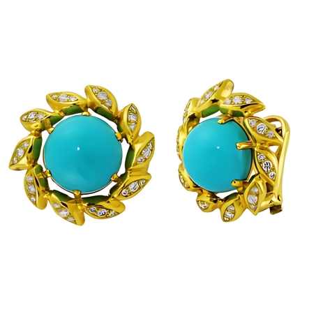 32683 Sunburst Turquoise & Diamond Earrings Designed & Handmade by Kaufmann de Suisse in 18kt Yellow Gold featuring 2 Round 15mm Iranian Turquoise mounted with 60 Round Brilliant Cut FVVS Quality
