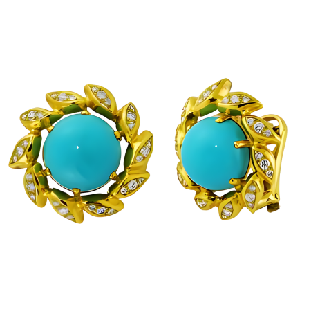32683 Sunburst Turquoise & Diamond Earrings Designed & Handmade by Kaufmann de Suisse in 18kt Yellow Gold featuring 2 Round 15mm Iranian Turquoise mounted with 60 Round Brilliant Cut FVVS Quality