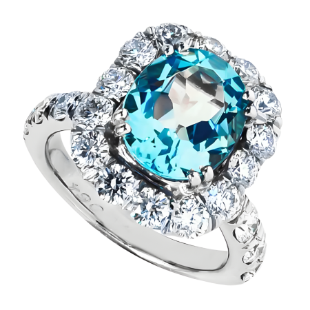 40064 Aquamarine and Diamond Ring Designed & Handmade by Kaufman in Platinum featuring 1 oval Aquamarine weighing 3.45cts and 62 Round Brilliant Cut FVVS Quality Diamonds weighing a total of 2.76c