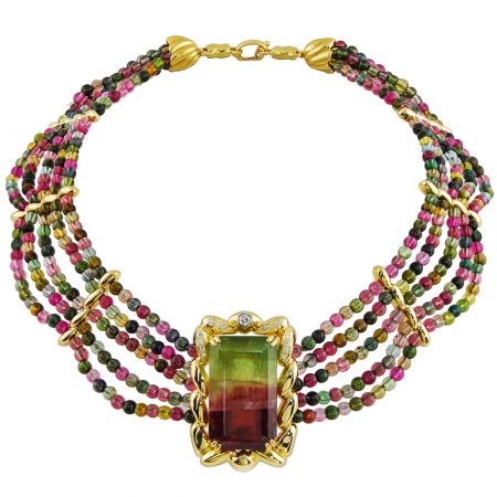 Pink and Green Tourmaline and Diamond Bead Necklace
