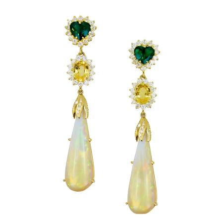 40437 Dangle Drop Opal, Emerald, Yellow Sapphire & Diamond Earrings Designed & Handmade by Kaufmann de Suisse in 18kt Yellow Gold featuring 2 White Teardrop Opals weighing a total of 28.59cts, 2 O