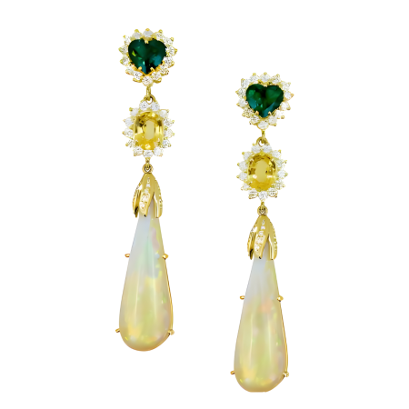 40437 Dangle Drop Opal, Emerald, Yellow Sapphire & Diamond Earrings Designed & Handmade by Kaufmann de Suisse in 18kt Yellow Gold featuring 2 White Teardrop Opals weighing a total of 28.59cts, 2 O