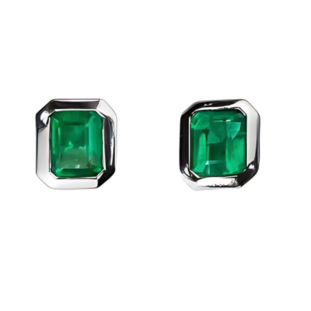 40683 Bezel Set Columbian Emerald Stud Earrings Designed & Handmade by Kaufmann de Suisse in Platinum and 18kt White Gold featuring 2 Emeralds weighing 2.00cts total weight