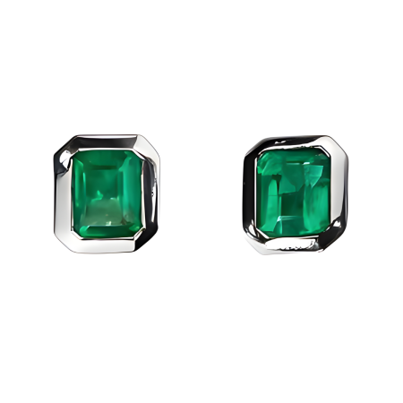 40683 Bezel Set Columbian Emerald Stud Earrings Designed & Handmade by Kaufmann de Suisse in Platinum and 18kt White Gold featuring 2 Emeralds weighing 2.00cts total weight
