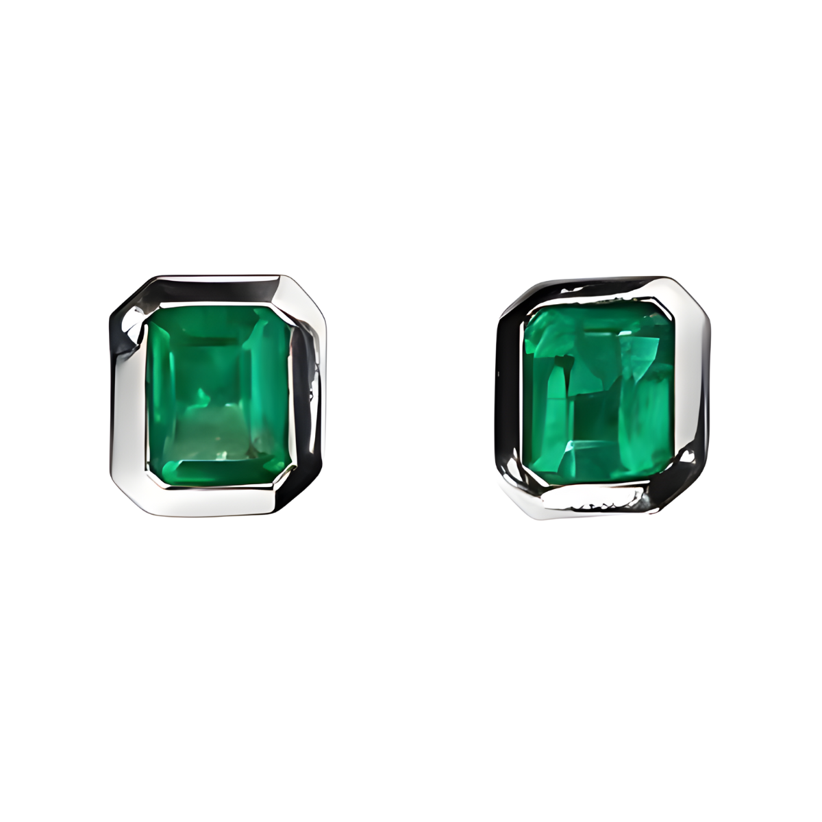 40683 Bezel Set Columbian Emerald Stud Earrings Designed & Handmade by Kaufmann de Suisse in Platinum and 18kt White Gold featuring 2 Emeralds weighing 2.00cts total weight