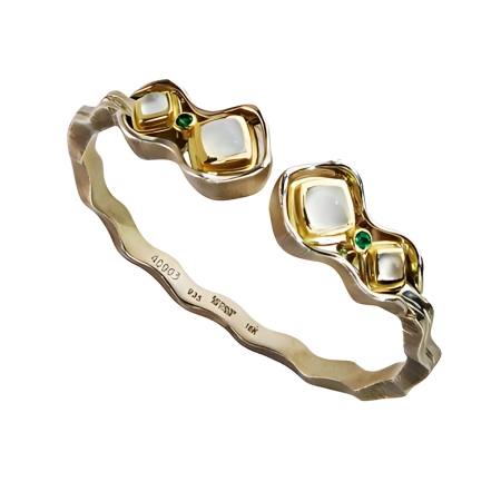 40903 Jardins de la Mer Blue Chalcedony & Tsavorite Clip Bangle Bracelet Designed & Handmade by Kaufmann de Suisse in 18kt Yellow Gold and Argentium featuring 2 Cabochon Cushion cut Blue Chalcedon