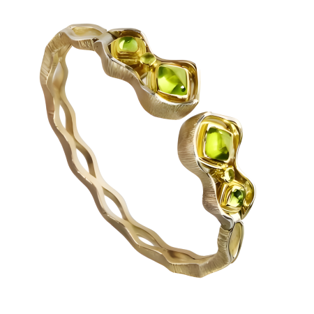 40925 Jardins de la Mer Peridot Clip Bangle Bracelet Designed & Handmade by Kaufmann de Suisse in 18kt Yellow Gold and Argentium featuring 2 Cabochon Cushion cut Peridots measuring 7mm and 2 measu