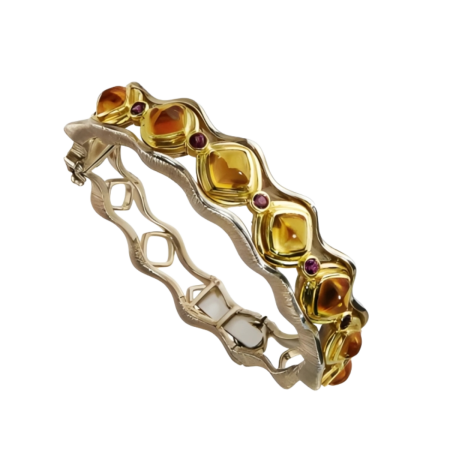 40943A Jardins de la Mer Citrine and Rhodolite Garnet Clip Bangle Bracelet Designed & Handmade by Kaufmann de Suisse in 18kt Yellow Gold and Argentium featuring 7 Cabochon Cushion cut Citrines wei