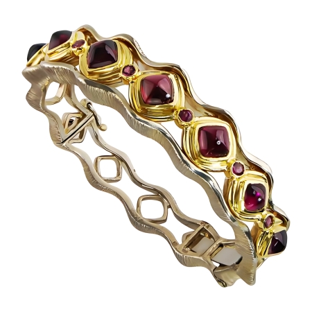 40951 Jardins de la Mer Rhodolite Garnet Clip Bangle Bracelet Designed & Handmade by Kaufmann de Suisse in 18kt Yellow Gold and Argentium featuring 7 Cabochon Cushion cut Rhodolite Garnet weighing