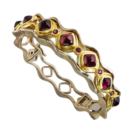 40951 Jardins de la Mer Rhodolite Garnet Clip Bangle Bracelet Designed & Handmade by Kaufmann de Suisse in 18kt Yellow Gold and Argentium featuring 7 Cabochon Cushion cut Rhodolite Garnet weighing