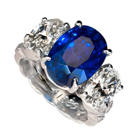 41090 Sapphire and Diamond Ring, Handmade in Platinum with 1 Oval Sapphire Weighing 1.24 Carats and 2 Oval Diamonds Weighing 1.24 Carats Total and 20 Round Diamonds Weighing .21 Carats Total (1)