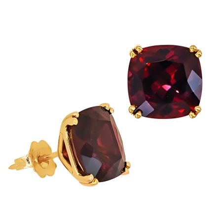 41368 Rhodolite Garnet Studs Designed & Handmade by Kaufmann de Suisse in 18kt Yellow Gold featuring 2 Cushion Cut Rhodolite Garnets weighing a total of 13.28cts