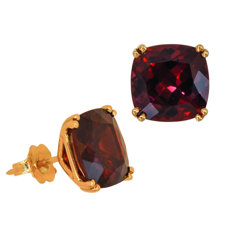 41368 Rhodolite Garnet Studs Designed & Handmade by Kaufmann de Suisse in 18kt Yellow Gold featuring 2 Cushion Cut Rhodolite Garnets weighing a total of 13.28cts