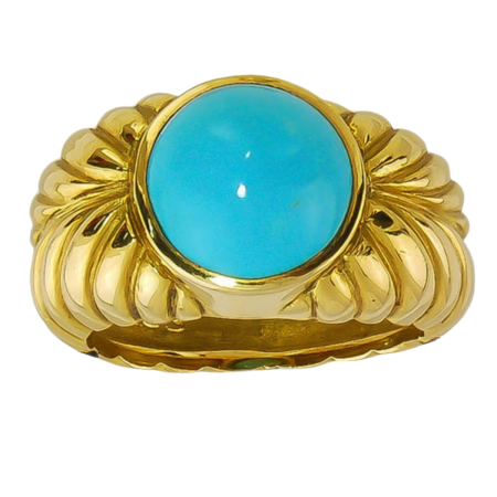 6653 Bezel Set Turquoise Ring, Handmade in 18kt Yellow Gold with a Scalloped Gold Design