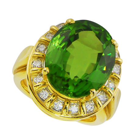 8374 Peridot and Diamond Ring Designed & Handmade by Kaufmann de Suisse in 18kt Yellow Gold featuring 1 AAA Rated Oval Peridot weighing 14.34cts surrounded by 16 Round Brilliant