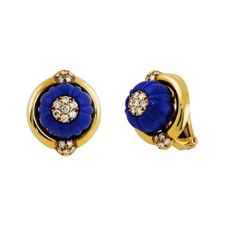 9627 Lapis Lazuli and Diamond Clip On Earrings Designed & Handmade by Kaufmann de Suisse in 18kt Yellow Gold featuring 2 Carved Lapiz Lazuli weighing a total of 28.26cts and 34 Round