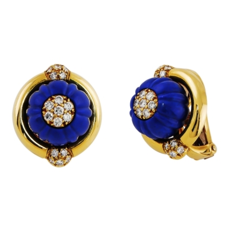 9627Lapis Lazuli and Diamond Clip On Earrings Designed & Handmade by Kaufmann de Suisse in 18kt Yellow Gold featuring 2 Carved Lapiz Lazuli weighing a total of 28.26cts and 34 Round Brilliant Cut