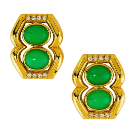 9800 Chrysophrase & Diamond Clip on Earrings Designed & Handmade by Kaufmann de Suisse in 18kt Yellow Gold featuring 4 Oval Chrysophrase weighing a total of 1.60cts and 27 Round Brilliant Cut FVVS