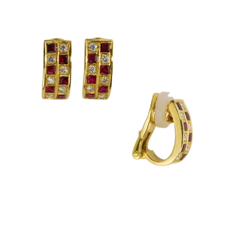14568A-Classic Checkerboard Ruby & Diamond Rectangular Clip Back Earrings Designed & Handmade by Kaufmann de Suisse in 18kt Yellow Gold featuring 12 Square cut Rubies weighing a total of 1.25cts and 12 r