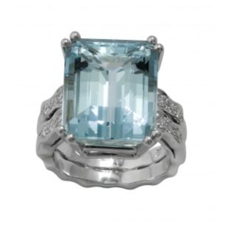 17353-Double Flowing Lines Aquamarine & Diamond Ring Designed and Handmade in Platinum by Kaufmann de Suisse featuring 1 Emerald Cut Aquamarine weighing a total of 12.30cts mounted with 16 Round Brillia