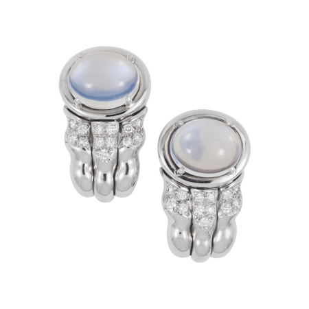 12500-Triple Flowing Lines Moonstone and Diamond Earrings Designed & Handmade by Kaufmann de Suisse in 18kt White Gold featuring 2 Oval Cabochon Cut Moonstones weighing a total of 8.12cts mounted with 2