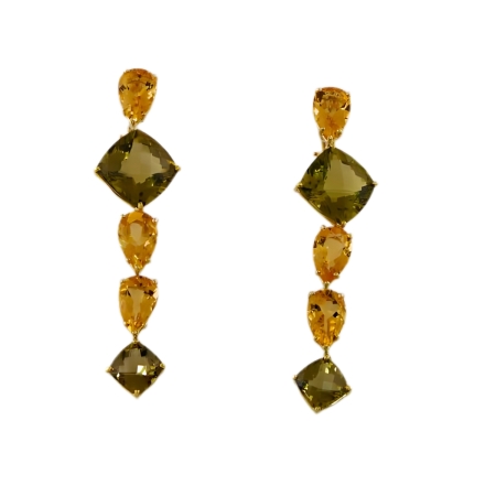 23390 Citrine and Lemon Quartz Dangle Earrings, Handmade in 18k Yellow Gold with 6 Pear Shaped Citrines Weighing 16.35 Carats Total and 4 Cushion Lemon Quartz Weighing 27.91 Carats Total