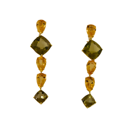23390 Citrine and Lemon Quartz Dangle Earrings, Handmade in 18k Yellow Gold with 6 Pear Shaped Citrines Weighing 16.35 Carats Total and 4 Cushion Lemon Quartz Weighing 27.91 Carats Total