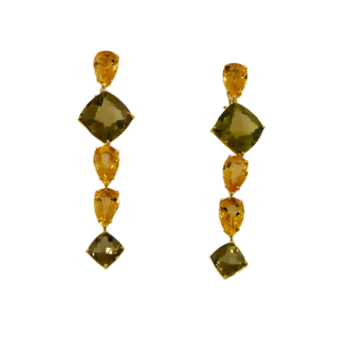 23390 Citrine and Lemon Quartz Dangle Earrings, Handmade in 18k Yellow Gold with 6 Pear Shaped Citrines Weighing 16.35 Carats Total and 4 Cushion Lemon Quartz Weighing 27.91 Carats Total