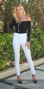 The Palm Beach Lariat Necklace with grey and white pearls