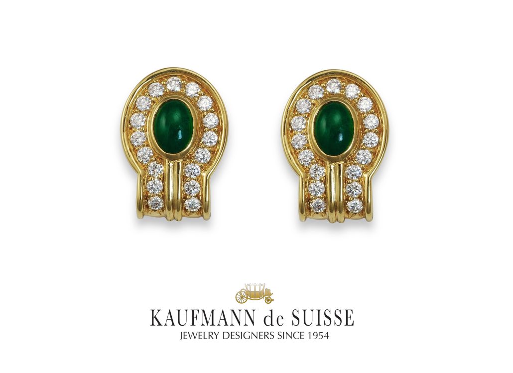 Aphrodites Emerald Earrings made in 18k yellow gold, contain 34 diamonds and 2 emeralds